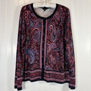 Talbots Women Cardigan Button Up Size L Navy Paisley Office Holiday Preppy Artsy